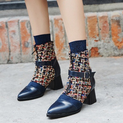 Daily Zipper Pointed Toe Buckle Chunky Heel Boots_1