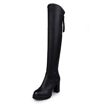 Black Fall Chunky Heel Zipper PU Boots_5