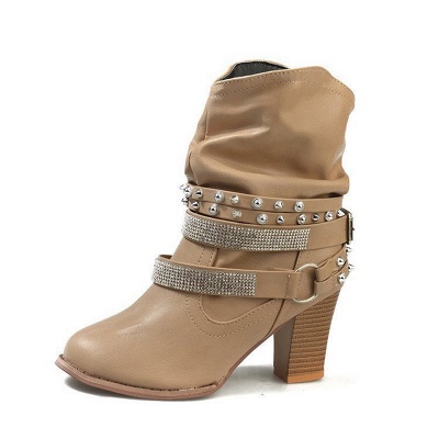 Rivet Chunky Heel Daily Pointed Toe Buckle Boots_15