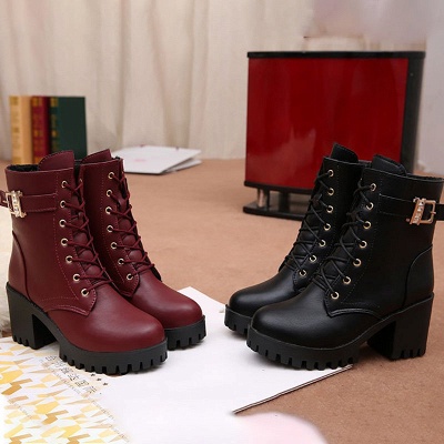 Lace-up Chunky Heel Round Toe Buckle Elegant Boots_7