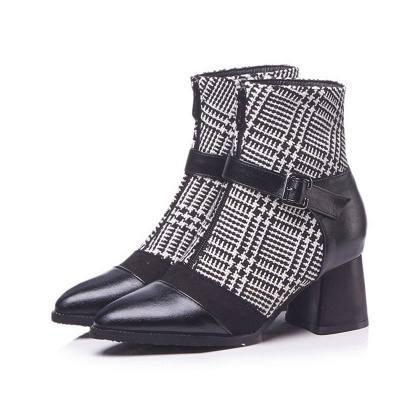 Daily Zipper Pointed Toe Buckle Chunky Heel Boots_9