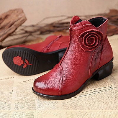 Daily Flower Round Toe Zipper Chunky Heel Boots_1