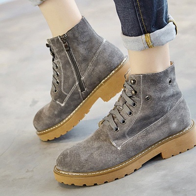 Leather Chunky Heel Lace-up Round Toe Boots_2