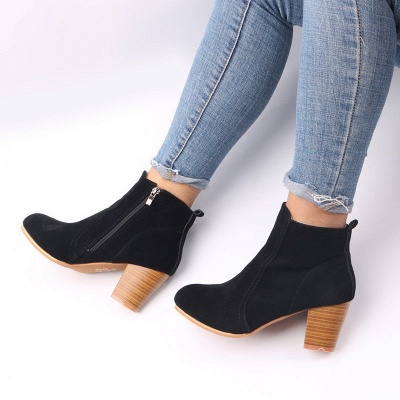 Suede Chunky Heel Zipper Daily Round Toe Boot_10