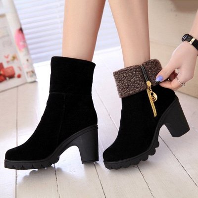 Chunky Heel Suede Fall Zipper Daily Round Toe Boot_5