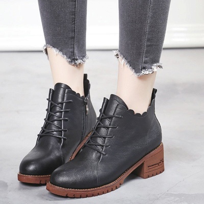Chunky Heel Zipper Round Toe Lace-up Boots_2