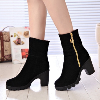 Chunky Heel Suede Fall Zipper Daily Round Toe Boot_2