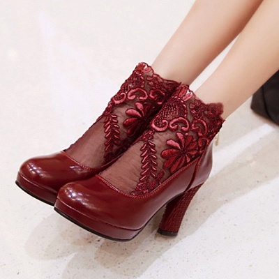 Mesh Fabric Zipper Round Toe Embroidery Boots_2