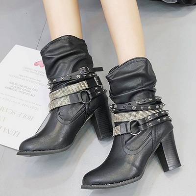 Rivet Chunky Heel Daily Pointed Toe Buckle Boots_12