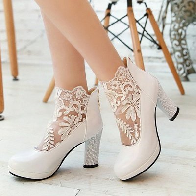 Mesh Fabric Zipper Round Toe Embroidery Boots_1
