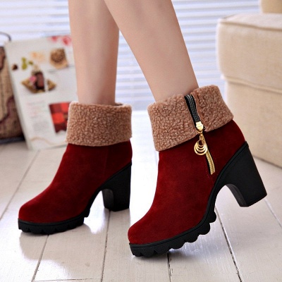 Chunky Heel Suede Fall Zipper Daily Round Toe Boot_1
