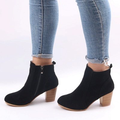 Suede Chunky Heel Zipper Daily Round Toe Boot_5