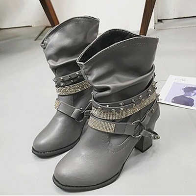 Rivet Chunky Heel Daily Pointed Toe Buckle Boots_14