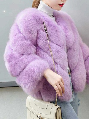 Casual Long Sleeve Shift Crew Neck Fur and Shearling Coat_5
