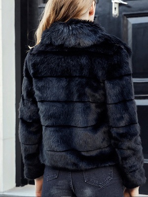 Black Long Sleeve Shift Shawl Collar Casual Color-block Fur and Shearling Coat_3