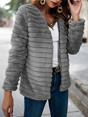 Gray Crew Neck Fluffy  Shift Fur and Shearling Coat_4