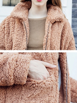 Casual Solid Shift Long Sleeve Fur and Shearling Coat_7