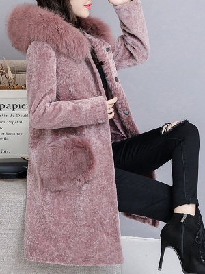 Casual Buttoned Long Sleeve Hoodie Fur and Shearling Coat_10