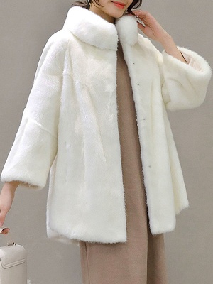 Stand Collar Shift Casual Long Sleeve Solid Fur and Shearling Coat_5