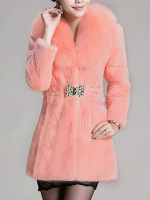 Casual Shawl Collar Beaded Shift Long Sleeve Fur and Shearling Coat_1