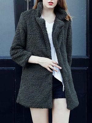 Green Solid Shift Faux Fur Casual Long Sleeve Fur and Shearling Coat_1