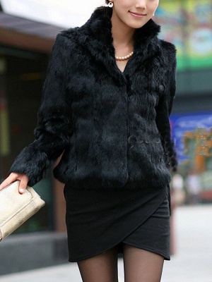 Stand Collar Solid Long Sleeve Fur and Shearling Coat_2