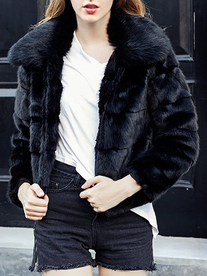 Black Long Sleeve Shift Shawl Collar Casual Color-block Fur and Shearling Coat_6