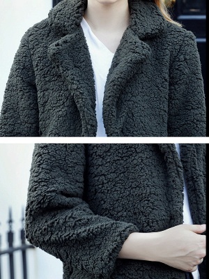 Green Solid Shift Faux Fur Casual Long Sleeve Fur and Shearling Coat_5