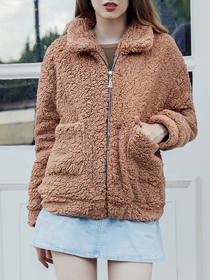 Casual Solid Shift Long Sleeve Fur and Shearling Coat_8