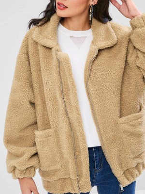 Camel Pockets Zipper Fur and Shearling Coat_6