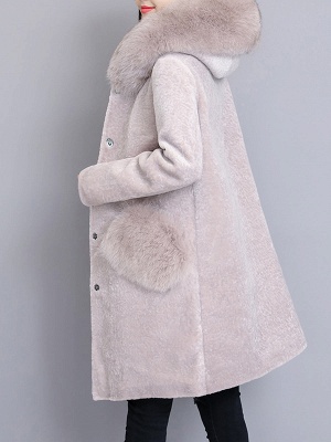 Casual Buttoned Long Sleeve Hoodie Fur and Shearling Coat_1