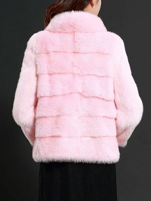 Pink Solid Stand Collar Buttoned Fluffy  Fur and Shearling Coat_3