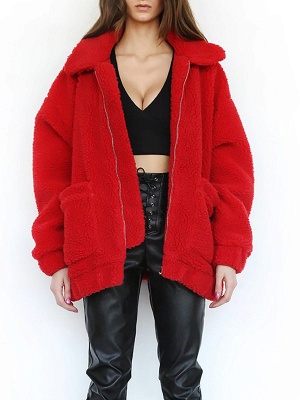 Casual Solid Shift Long Sleeve Fur and Shearling Coat_2
