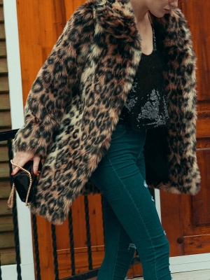 Brown Leopard Print  Fluffy  Fur and Shearling Coat_4