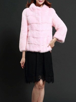 Pink Solid Stand Collar Buttoned Fluffy  Fur and Shearling Coat_4