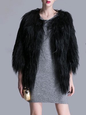 Black Fluffy Crew Neck Casual 3/4 de manga de piel y Shearling_1