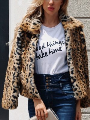 Brown Long Sleeve Leopard Print  Fur and Shearling Coat