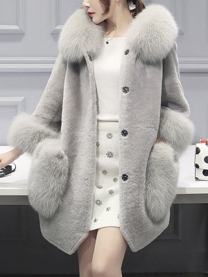Buttoned Pockets Fluffy Paneled Fur and Shearling Coat