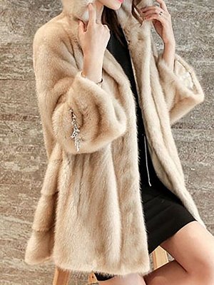 Beige Hoodie Fluffy  Pockets Fur and Shearling Coat