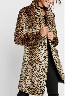 Brown Shawl Collar Leopard Print Fur and Shearling Coat