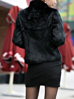 Stand Collar Solid Long Sleeve Fur and Shearling Coat_6