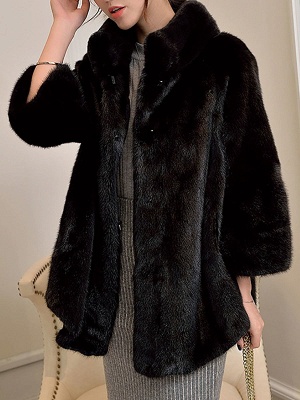 Stand Collar Shift Casual Long Sleeve Solid Fur and Shearling Coat_2