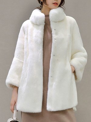 Stand Collar Shift Casual Long Sleeve Solid Fur and Shearling Coat_1