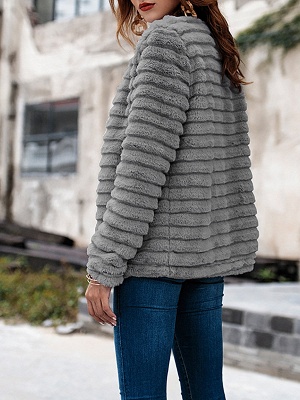 Gray Crew Neck Fluffy  Shift Fur and Shearling Coat_3