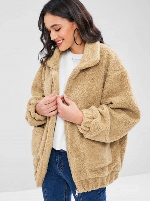 Camel Pockets Zipper Fur and Shearling Coat_4