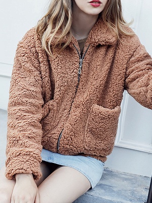 Casual Solid Shift Long Sleeve Fur and Shearling Coat_9