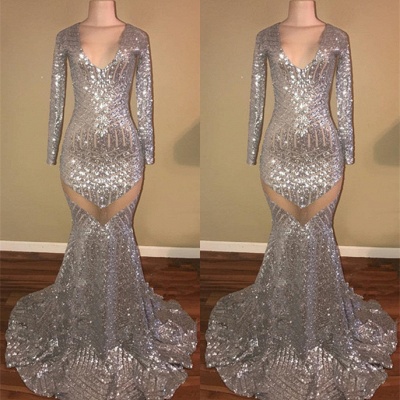 Long Sleeve Sequins Prom Dresses  |Mermaid V-Neck Evening Gowns_3