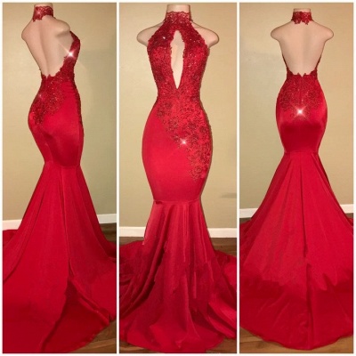 Red High Neck Lace Open Back Mermaid Prom Dresses  BA7768_2