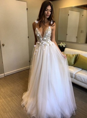 Robe de bal glamour sans manches avec appliques trapèze à col en V | Délicat Robe De Bal_3