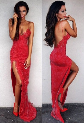 Sexy Red Lace TightProm Dress Front Split Floor Length_1